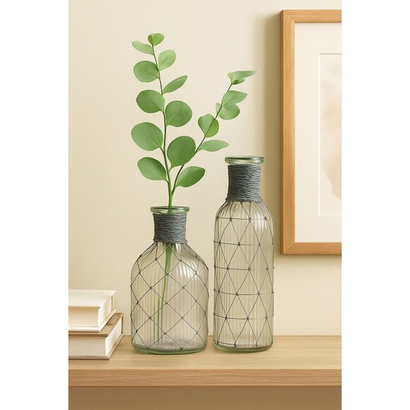 West Elm Fluted Glass Bottles with Wire Cage – Set of 2 -  Circa 2010s - Picture 1 of 11